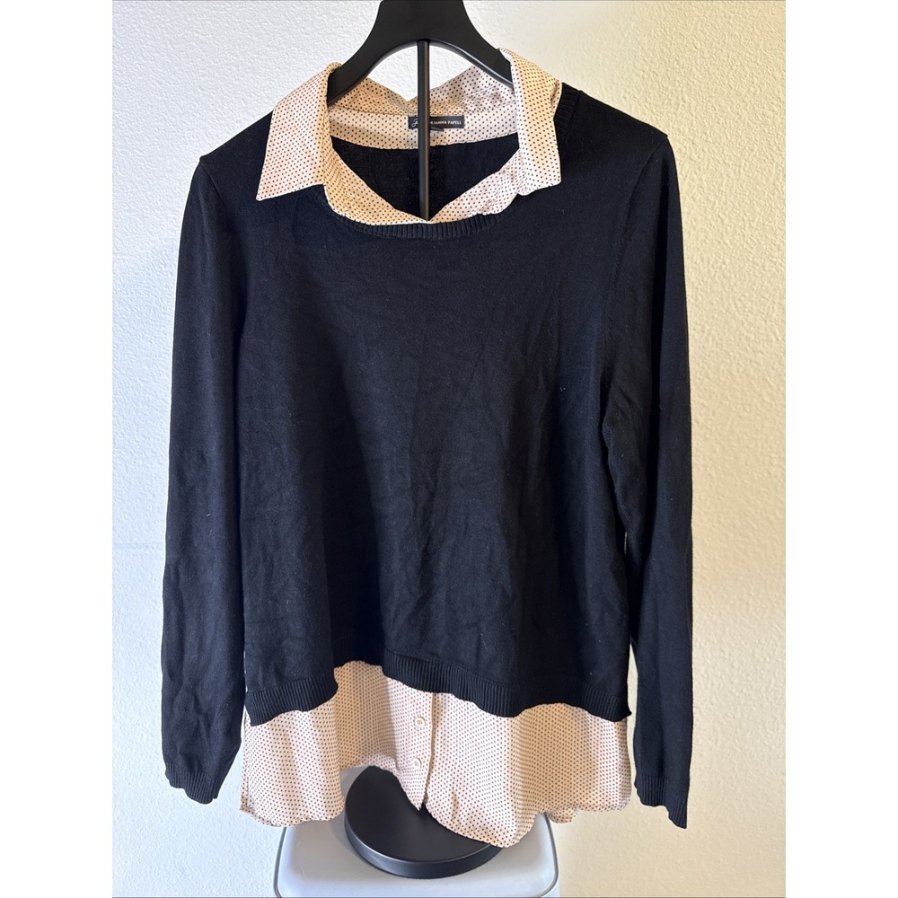 Adrianna Papell Women's Black & Polka Dot‎ Collared Pullover Sweater Size XL